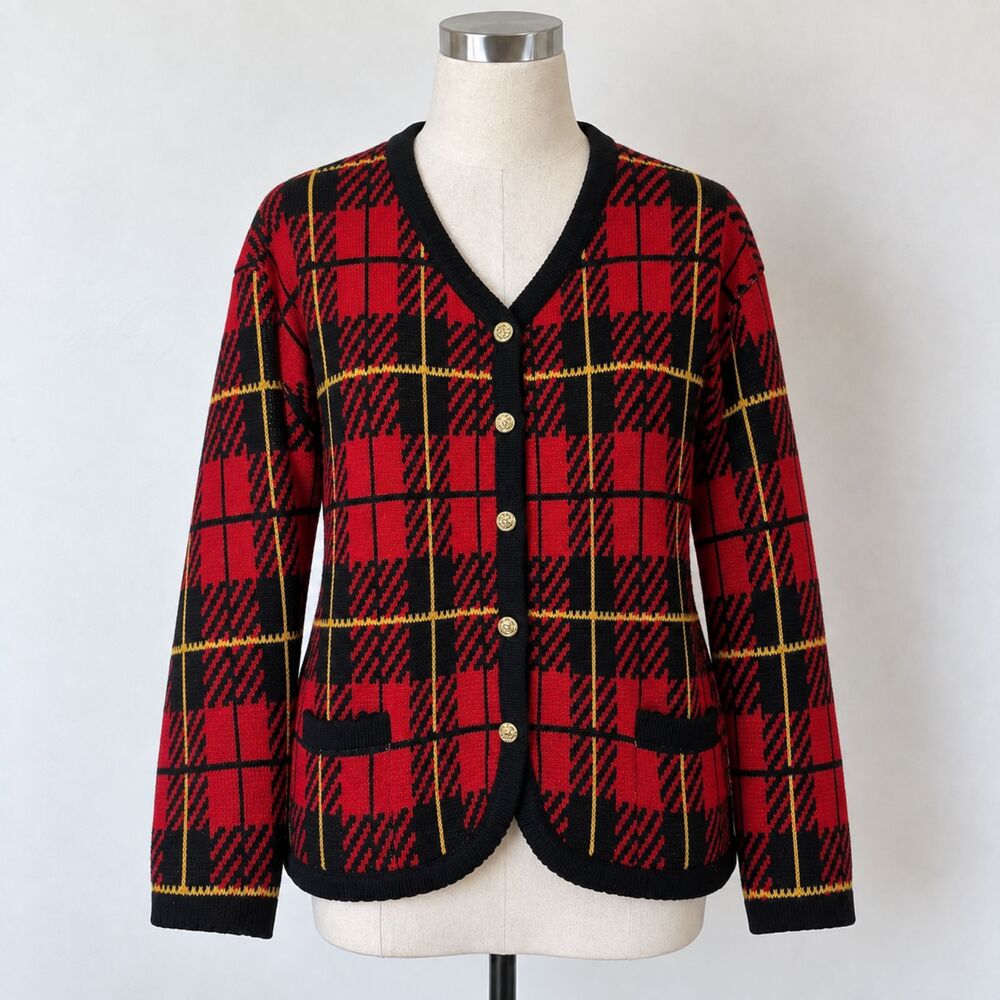 Vintage Tally Ho Plaid Cardigan Plus Size 1X Gold Crest Buttons